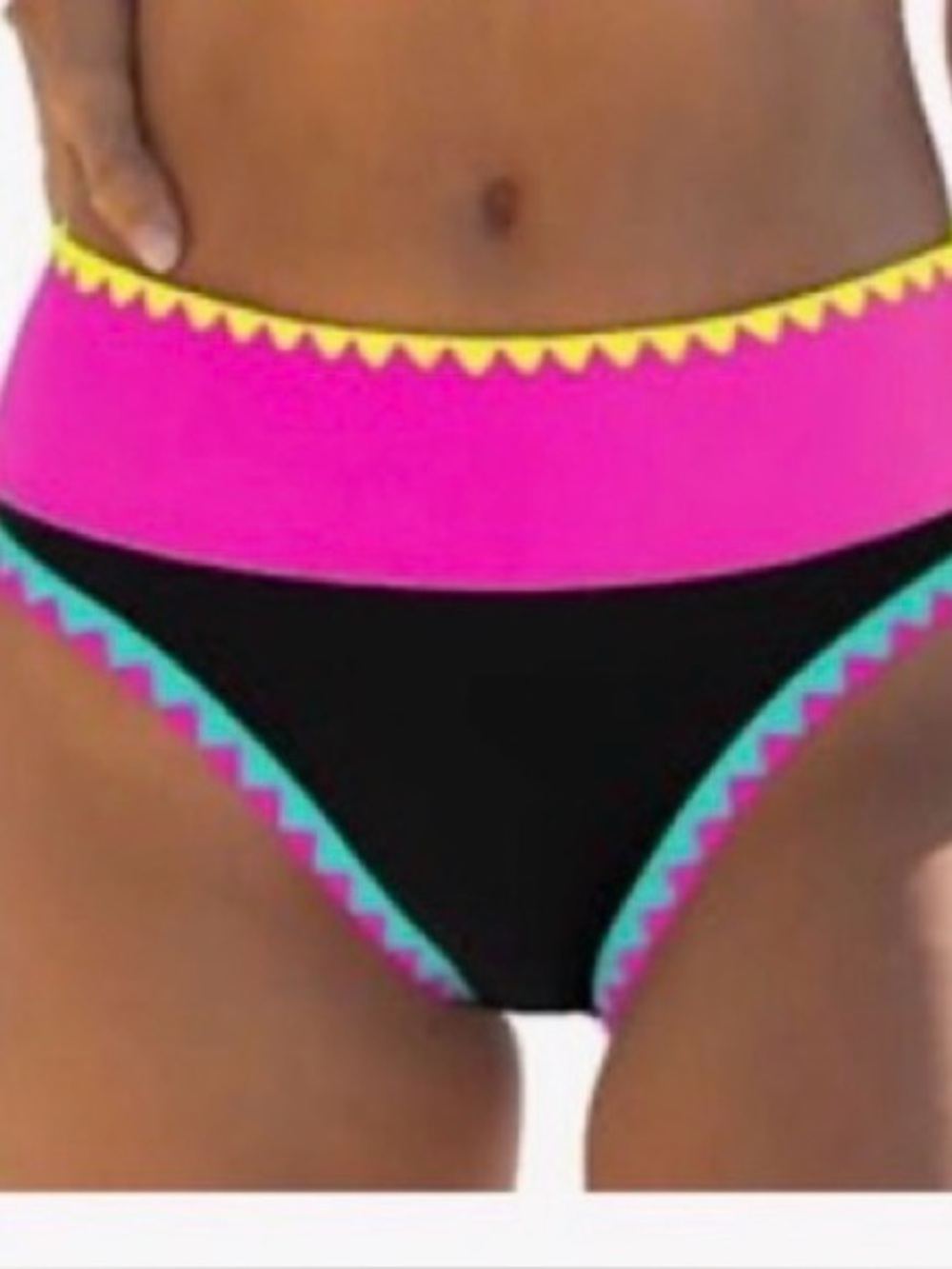 Popvil Women's Black Bikini BOTTOMS ONLY Pink, Teal & Yellow Trim LARGE